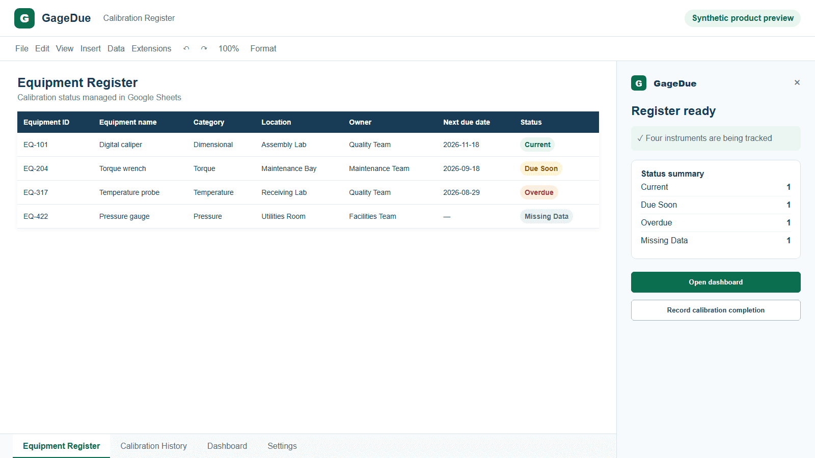 GageDue equipment register with synthetic example data